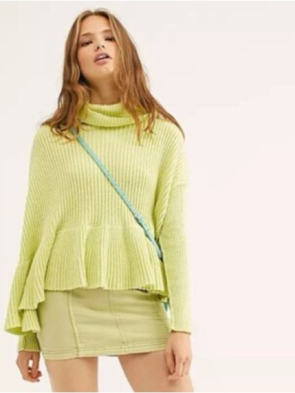 Free People Peplum Turtleneck Layer Cake Sweater Key Lime Small Oversized